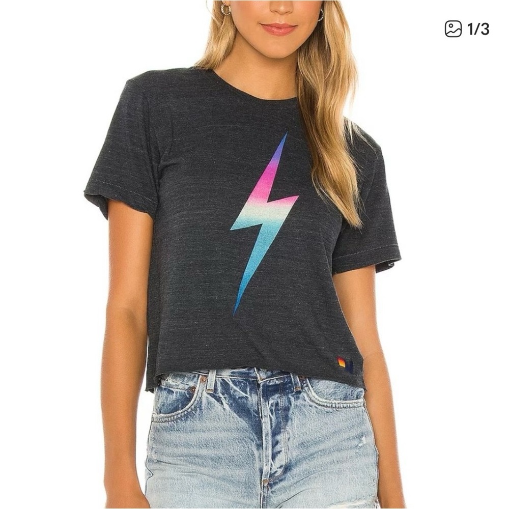AVIATOR NATION Rainbow Bolt Boyfriend Crop Tee in Charcoal Size Small (GUC)